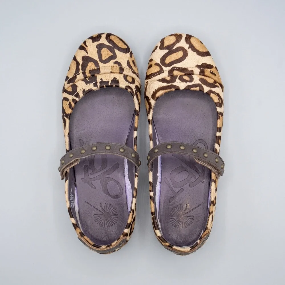 OTBT Gamine Mary Jane Flat Shoe Camel Leopard Print Hair-On Studded Tan 7.5